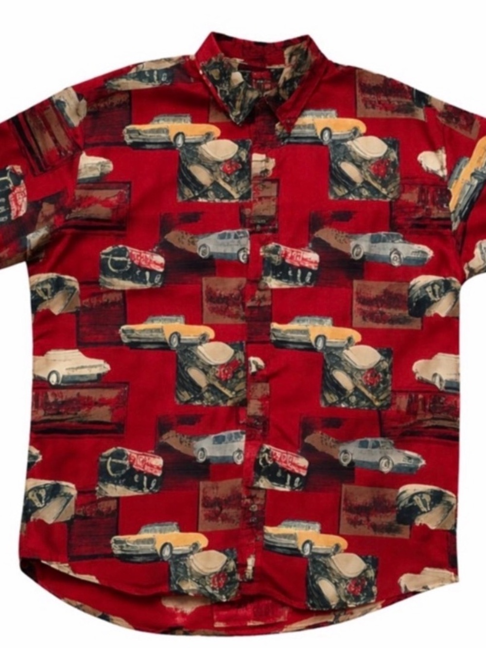 Mens XL Red Vintage Car Print Button Up Shirt Retro Rockabilly Camp Shirt